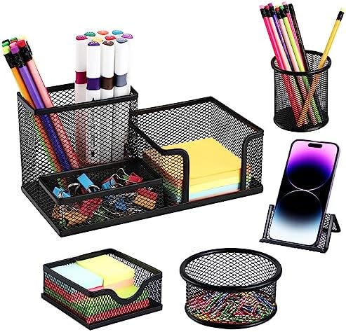 Mesh Pen Holder for Desk Pencil Holders 5 Pieces Desk Organizer Office Supplies Caddy with Sticky Notes Holder for Office School Home Black by Byjoph
