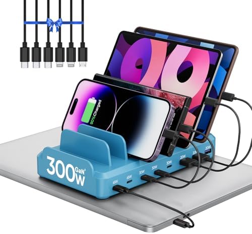 300W Charging Station for Multiple Devices, 8 Port Multi USB C Fast Charger Station Dock for MacBook iPhone 16/15/14/13/12 Samsung Pixel Series iPad, Blue (6 Mixed Short Cables Included) by LcssioChargeFaster