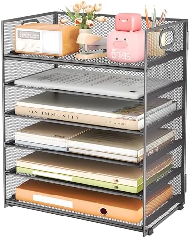 6 Tier Paper Organizer with Handle,Construction Teacher Desk Decor,Gray by SUBEKYU
