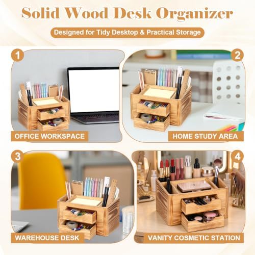 Multifunctional Desk Organizer with 2 Removable Drawers Pine Wood - Image 4