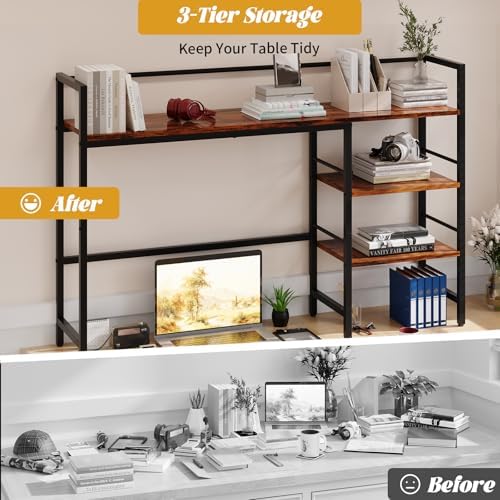 Desk Shelf, 45.4 Inch Wood Desk Organizer Shelf for Computer Monitor, Desk Hutch Storage, Desktop Shelf for Top of Desk, 3 Tier Desktop Bookshelf for Home Office Dorm, Rustic - Image 6