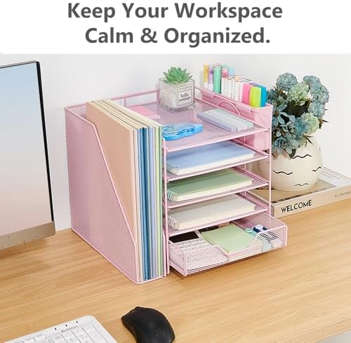 5-Tier Desk File Organizer with Drawer & Pen Holder (Pink) - Image 5