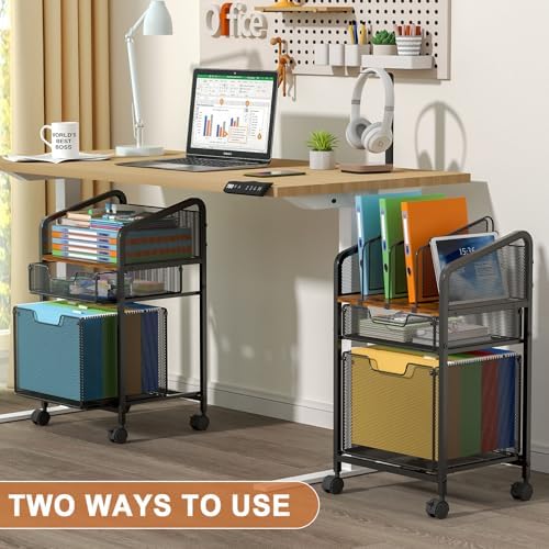Rolling File Cabinet with Adjustable Dividers, Mobile Filing Cabinet with 2 Storage Drawers on Lockable Wheels, Hanging File Organizer Beside Under Desk for Office, Home（Patent Pending） - Image 7