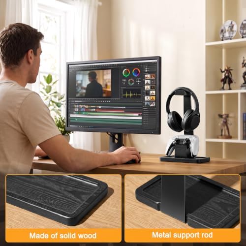 Solid Wood Metal Headphone Stand with Modular Controller Holder for Desk - Image 3