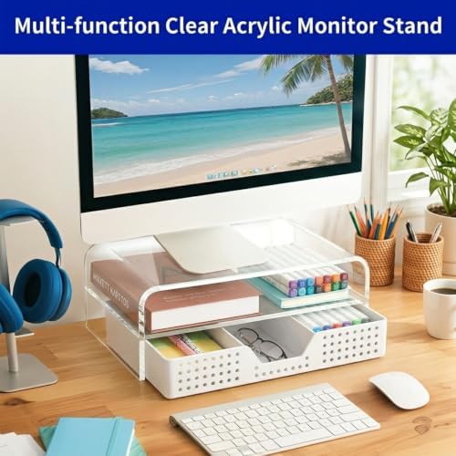 Desk Organizer and Accessories, 2-Tier Computer Monitor Stand Riser with Drawer and 2 Pen Holders, Laptop Stand, Office Desk Accessories for Office Supplies, Transparent - Image 4