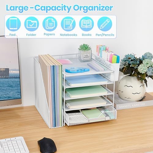 5-Tier Desk File Organizer with Drawer & Pen Holder (White) - Image 6