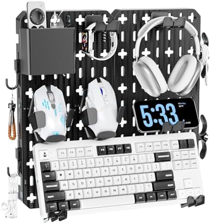KDD Keyboard and Mouse Display Stand Holder, Wall Mount Office Organization Pegboard Combination Kit with Pen holder, Hooks, Headset & Controller Stand for Office & Home Hanging Organizer Storage by KDD