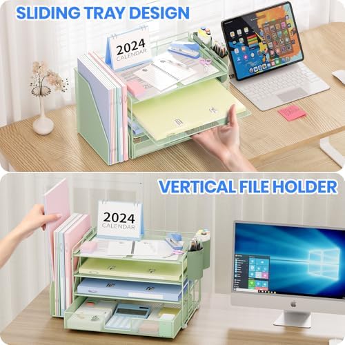 Desk Organizer, 4-Tier Desktop File Organizer with Drawer and Pen Holders, Office Desk Accessories, File Sorters, Workspace Organizers for Office Supplies(Green) - Image 4