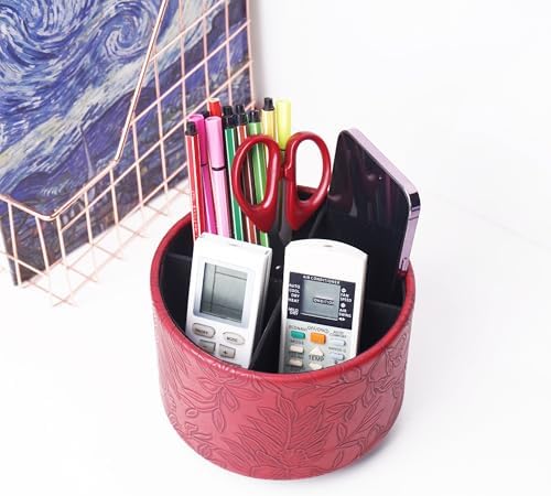 Round Leather Art Supply Organizer,Remote Control Holder,360 Degree Spinning,Multi-Functional Pencil Holder,4 Compartments Desktop Stationary Organizer(1-Carved Red) - Image 6
