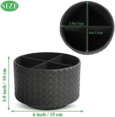 Round Leather Art Supply Organizer,Remote Control Holder,360 Degree Spinning,Multi-Functional Pencil Holder,4 Compartments Desktop Stationary Organizer(1-Weave Black) - Image 2