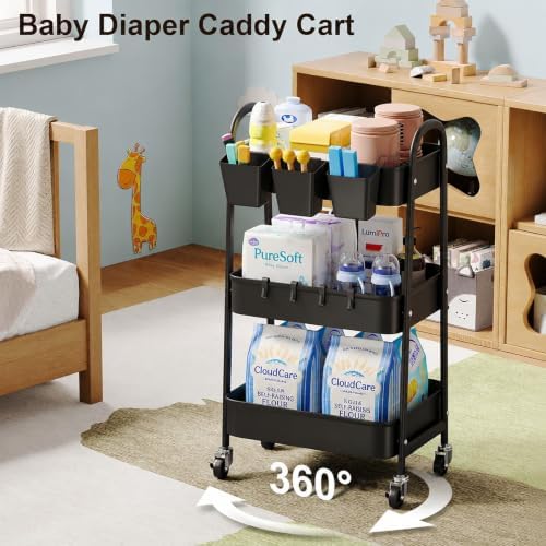 3 Tier Metal Rolling Cart with Lockable Wheels,Black Three Tiered Art Carts - Image 3
