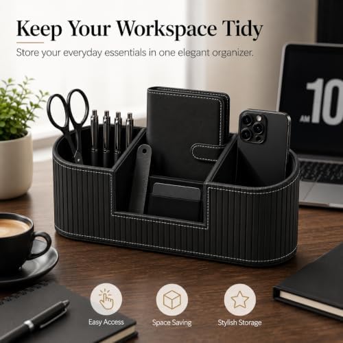 Modern Leather Desk Organizer for Men & Women, Aesthetic Office Desk Accessories Organizer, Faux Leather Vanity Organizer for Pens, Makeup Brushes, Remote Controls, Black Minimalist Desk Decor - Image 5