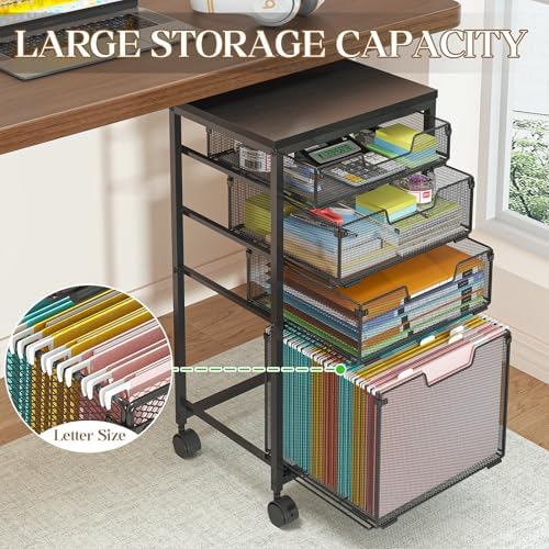 Rolling File Cart with 4 Storage Drawers, Mobile File Cabinet with Wheels, Hanging File Organizer, Under Desk Printer Stand Utility Cart Filing Cabinet for Home Office, Black - Image 3