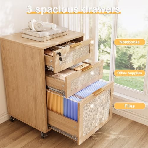 3 Drawers Rattan Mobile File Cabinet with Lock, Rolling File Cabinet Printer Stand Table, Under Desk Wooden Filing Cabinets for Home Office Essentials Storage Organization Furniture Letters/A4 - Image 6