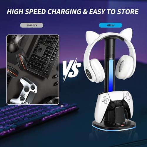 PS5 Controller Charging Dock with RGB Headphone Stand | 2-in-1 Dual USB Fast Charging Station for PS5 Controllers | RGB LED Gaming Headset Stand & Multi-Functional Gaming Accessories - Image 5
