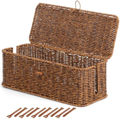 Cable Management Box, Cord Organizer with Lid & Cable Ties - Brown, L by BROWNLILY