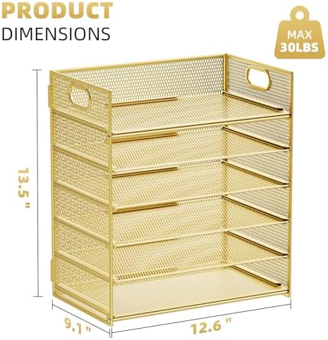 Marbrasse Paper Letter Tray Organizer - 6 Tier Mesh File Organizer with Handle, Paper Sorter Organizer for Letter/A4 Office File Folder Holder - Gold - Image 5