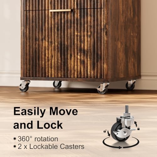 3 Drawers Fluted Mobile File Cabinet with Lock, Rolling File Cabinet Printer Stand Table, Under Desk Wooden Filing Cabinets for Home Office Essentials Storage Organization Furniture Letters/A4(Retro) - Image 4