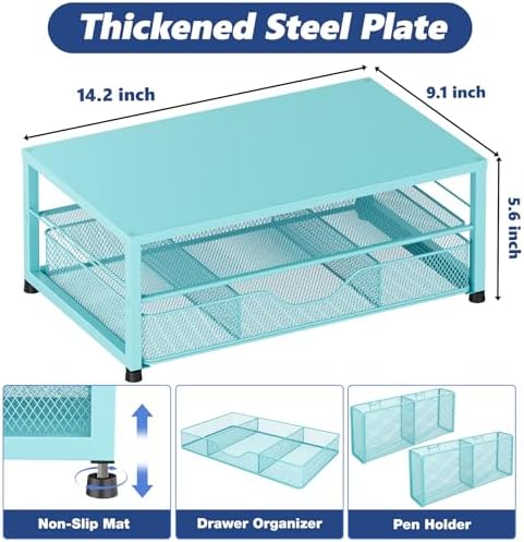 Desk Organizer and Accessories, 2-Tier Computer Monitor Stand Riser with Drawer and 2 Pen Holders, Laptop Stand, Office Desk Accessories for Office Supplies, Teal Blue - Image 2