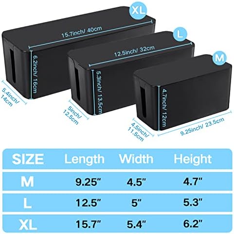 Cable Management Box, 3 Pack Cord Organizer Boxes with 33 PCS Cable Management Set to Cover Hide Power Strip, Surge Protector Under Desk & on Floor, Wire Concealer for Home Office Computer TV (Black) - Image 5