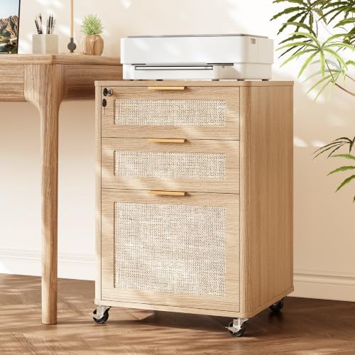 3 Drawers Rattan Mobile File Cabinet with Lock, Rolling File Cabinet Printer Stand Table, Under Desk Wooden Filing Cabinets for Home Office Essentials Storage Organization Furniture Letters/A4 by INNODToddlerTower