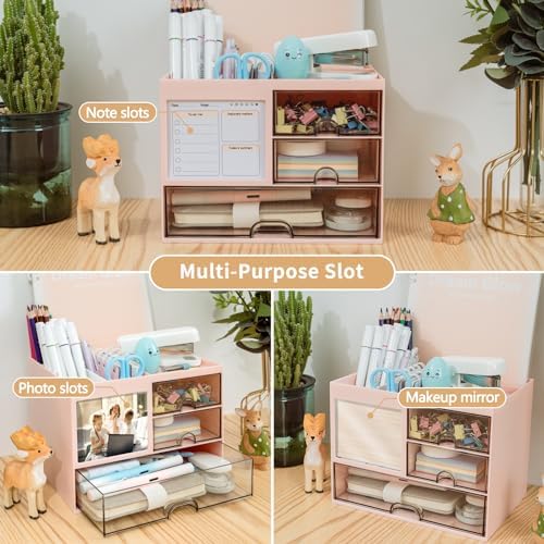 Multi-Functional Desk Organizer with 3 Drawer and 8 Compartments, Pink - Image 4