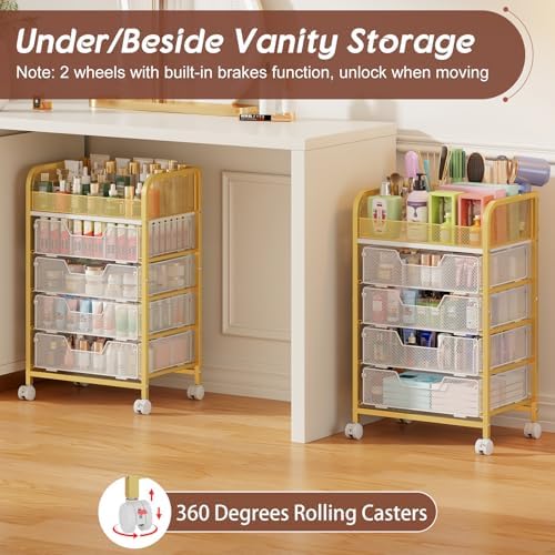 Makeup Cart Organizer with 4 Drawers, Large Floor Skincare Organizers, Vanity Storage Organizer Cosmetics Display Cases for Skin Care Perfume Nail Polish, Gold - Image 3