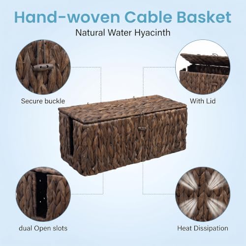 efluky Set of 2 Brown Water Hyacinth Cable Management Box, Hand-Woven Cord Organizer with 2 Open Slots, Decorative Cord Box to Hide Power Strip, USB Wires & Charger for Home & Office - Image 3