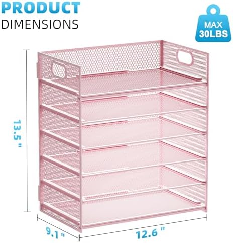 Marbrasse 6 Tier Paper Organizer Letter Tray - Mesh Desk File Organizer with Handle, Paper Sorter for Letter/A4 Office File Folder Holder -Pink - Image 3
