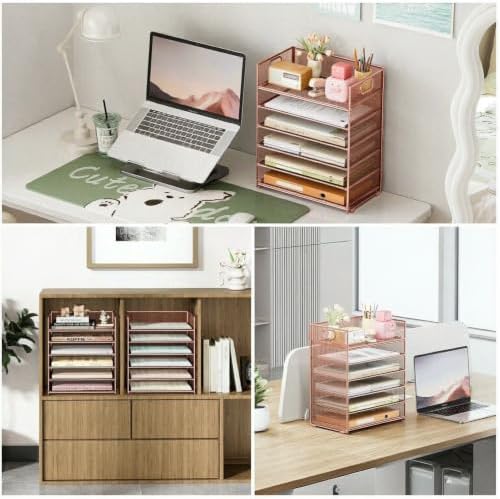 6 Tier Paper Organizer with Handle,Construction Teacher Desk Decor,Rose Gold - Image 4