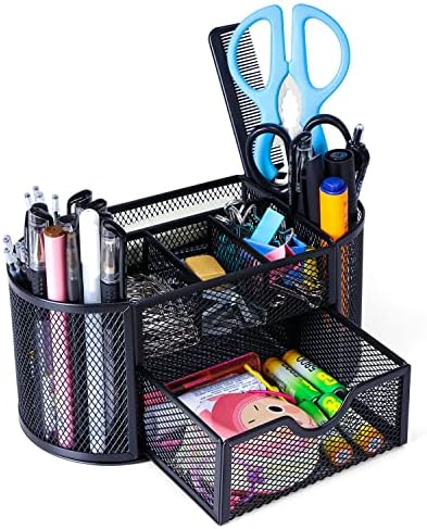 Black Mesh Pen Holder Desk Organizer Cute Office Supplies Pencil and Marker Organizers Oval Desk Caddy with 8 Compartments and 1 Drawer Workspace Accessories for Office School Home by Byjoph