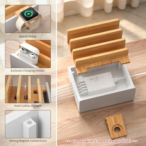 Bamboo Charging Station with USB Charger&Cables-Natural+White - Image 3