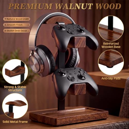 Headphone Stand with Controller Holder, Deep Walnut - Image 3