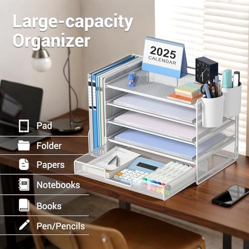 Desk Organizer, 5-Tier Desktop File Organizer with Drawer and Pen Holders, Office Desk Accessories, File Sorters, Workspace Organizers for Office Supplies(White) - Image 3