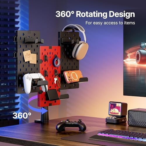 PEGZONE Modular Headphone and Controller Holder for Game, Clamp-on Pegboard, Rotatable Controller Stand with Cable Hooks, Gaming Accessory for Xbox PS5 PS4 Nintendo Switch, 3Pcs Pegboard, Red - Image 5