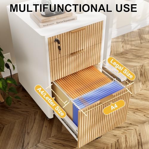 3 Drawers Fluted Mobile Filing Cabinet with Lock, Rolling File Cabinets Printer Stand Table with Charging Station, Under Desk for Home Office Essentials Storage Organization Furniture Letters/A4(Oak) - Image 5