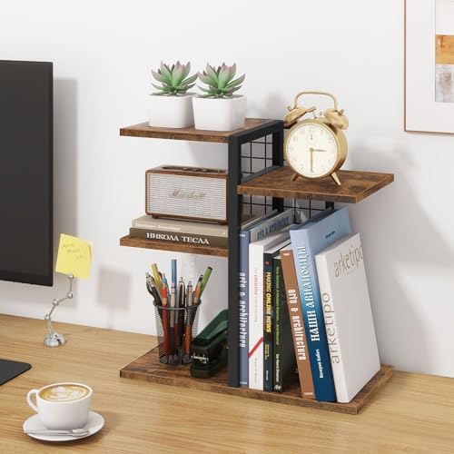 Desktop Shelf Organizer, 4-Tier Wooden Desk Bookshelf, Small Tabletop Book Shelf, Adjustable Display Rack for Home, Office, Dorm, Rustic Brown - Image 2