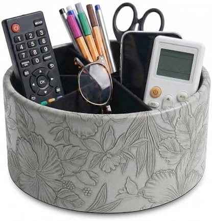 Remote Control Holder, 360°Spinning PU Leather Desk TV Remote Caddy,Desk Storage Box Room Accessories for Controller, Media,Mail,Calculator, Mobile Phone,Pencil(1-Carved Grey) by Hennaja
