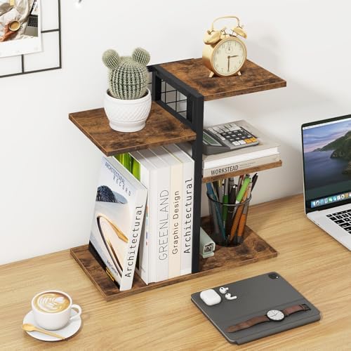 Desktop Shelf Organizer, 4-Tier Wooden Desk Bookshelf, Small Tabletop Book Shelf, Adjustable Display Rack for Home, Office, Dorm, Rustic Brown - Image 6