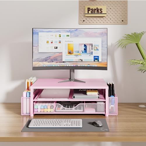 Desk Organizer and Accessories, 2-Tier Computer Monitor Stand Riser with Drawer and 2 Pen Holders, Laptop Stand, Office Desk Accessories for Office Supplies, Pink - Image 2