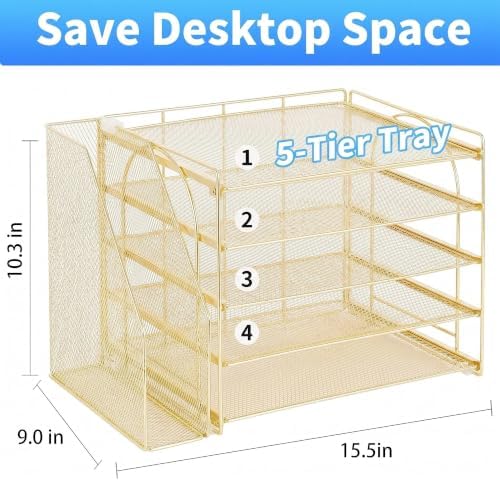 Desk Organizer, 5-Tier Paper Organizer Letter Tray, Gold - Image 5