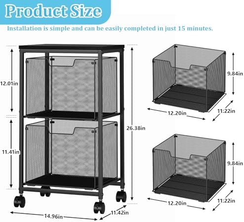 Rolling File Cart with 2 Storage Drawers, Mobile File Cabinet with Wheels, Hanging File Folder Organizer, Under Desk Storage, Printer Stand Utility Cart Filing Cabinet for Home Office,Black - Image 2