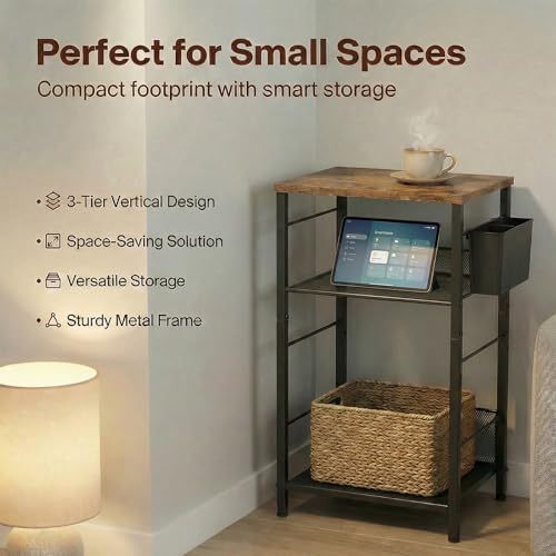 Small 3 Tier Printer Stand for Under Desk, Height Adjustable Shelf Printer Table with 3 S-Hooks & Basket, Heavy Duty Industrial Storage Shelf for Home Office (Rustic Brown) - Image 4