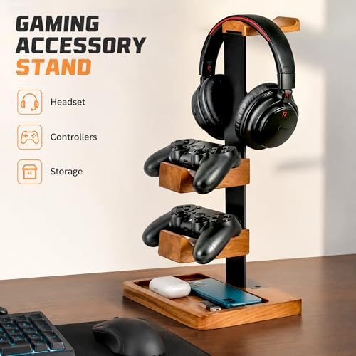 Headset Stand with Dual Controller Holder, Solid Wood - Image 7
