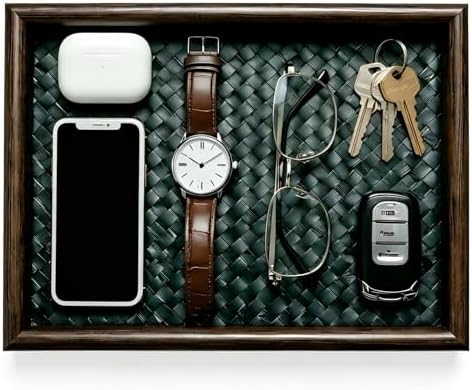 Wooden Valet Tray with Leather Base - EDC Catchall Tray for Men by Unknown
