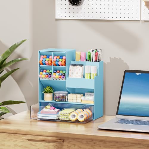 Marbrasse Plastic Pen Holder for Desk, Multi-Functional Desk Organizer Pencil Holder with Drawer, Desk Organizers and Accessories for Office Art Supplies(Blue) - Image 7