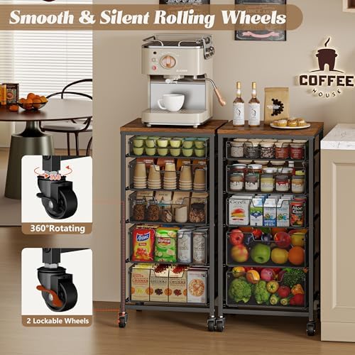 Rolling Cart with Drawers, 5-Drawer Storage Cart on Wheels with Vintage Wooden Top, Heavy Duty Metal Utility Cart, Mobile Craft Art Storage Cart for Kitchen, Bathroom, Office, Bedroom, Art Studio - Image 6