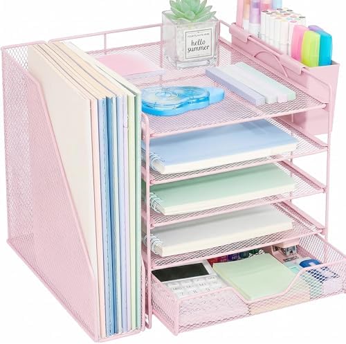 5-Tier Desk File Organizer with Drawer & Pen Holder (Pink) by Illuminatinglifewiththewarmthandloveoflight