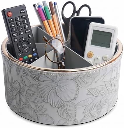 Remote Control Holder, 360°Spinning PU Leather Desk TV Remote Caddy,Desk Storage Box Room Accessories for Controller, Media,Mail,Calculator, Mobile Phone,Pencil(1B-Golden Grey) by Hennaja