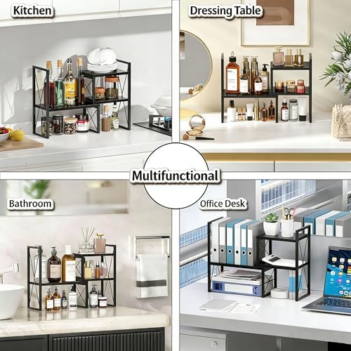 Expandable Desktop Shelf Organizer, 2 Tier Wood Desk Shelf for Office, Metal Corner Bookshelf, Countertop Storage Rack (Black) - Image 4